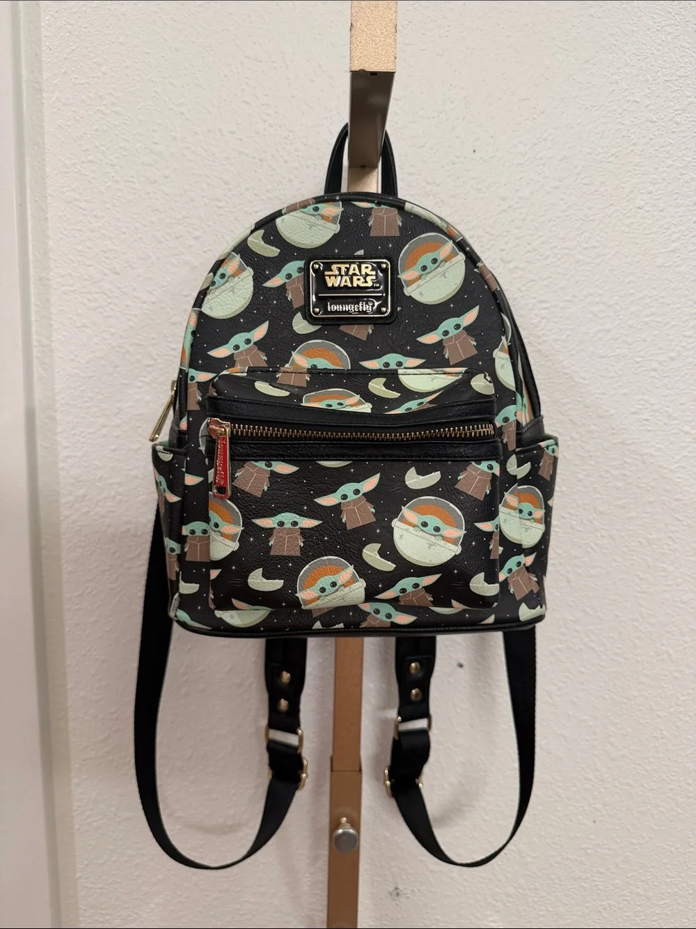 Loungefly Black Baby Yoda Pattern Mini Backpack with Green and Brown Accents